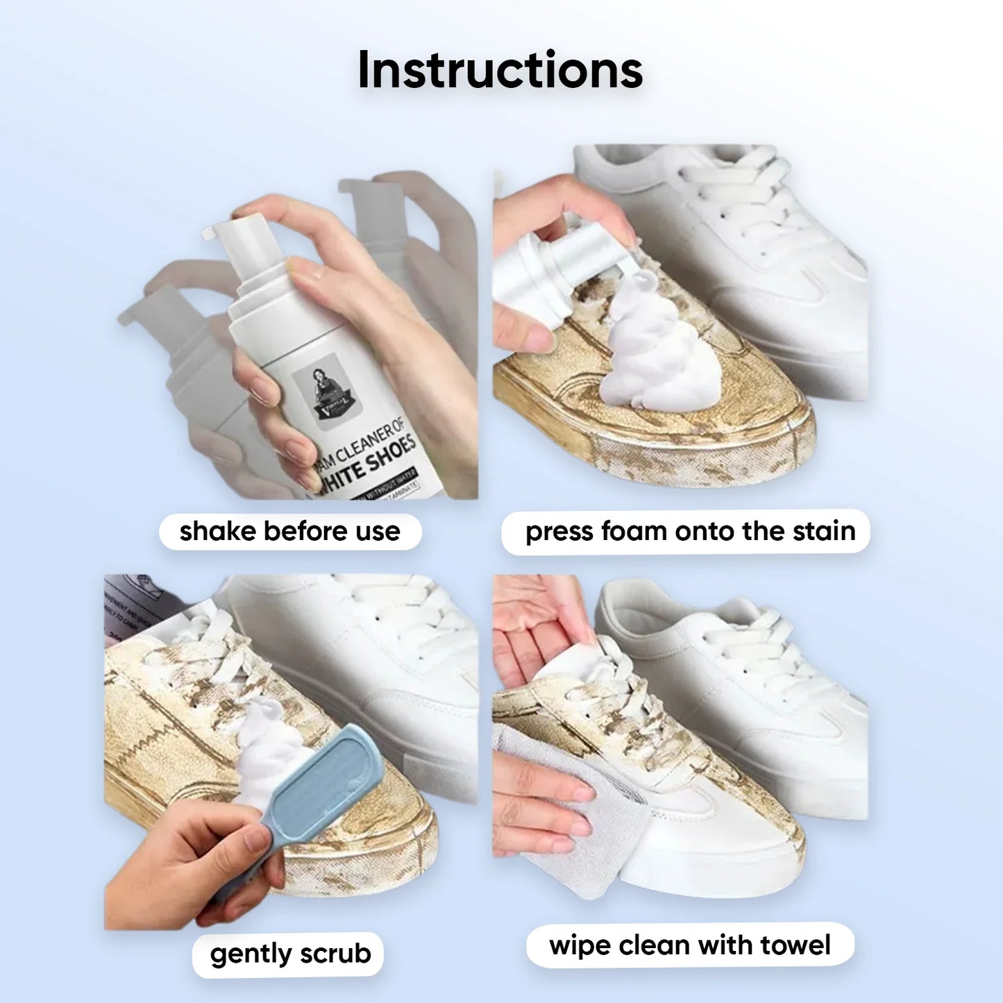 Water-free foam shoe cleaner